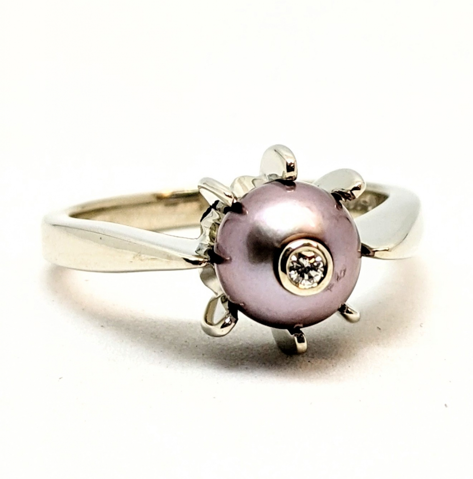 Bague pour femme en or 14K, perle de tahiti 7mm, 1 diamant pour 0.03 carat - BG0220 - Divers