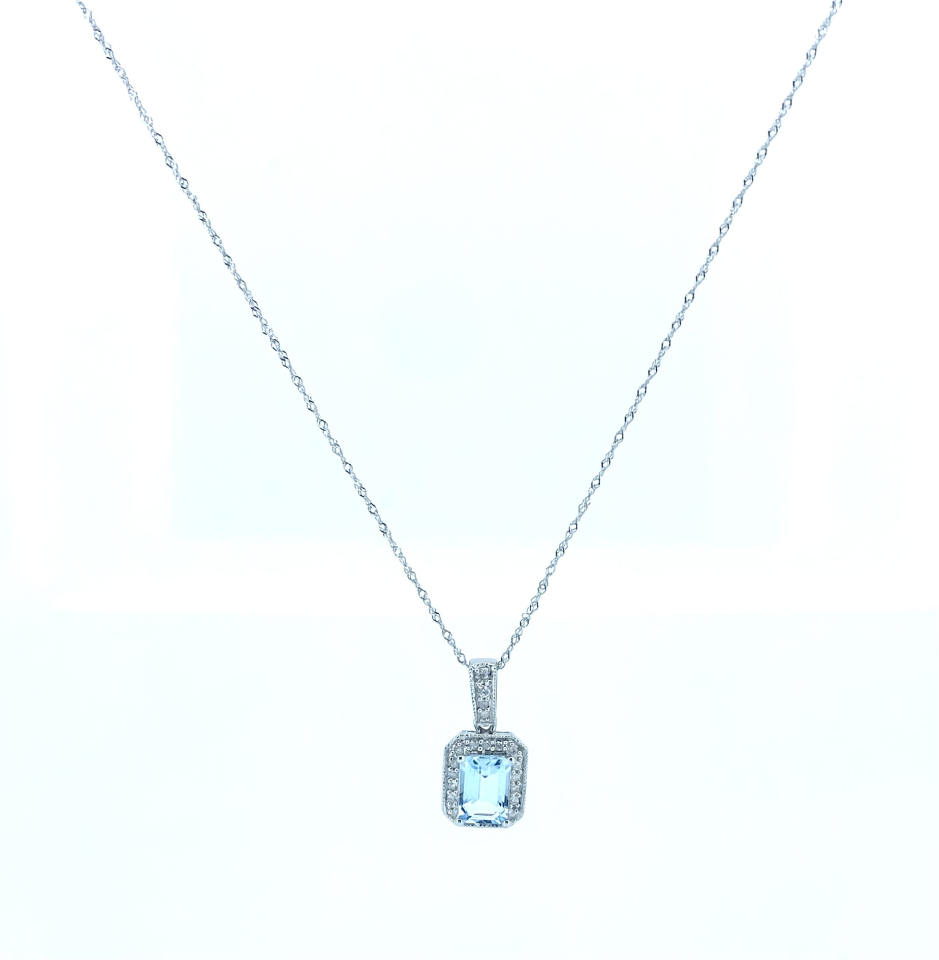 Pendentif pour femme en or 14k, 1 aigue-marine 7x5mm, 22 diamants de taille rond brillant pour 0.11 carat - PD0504 - REC