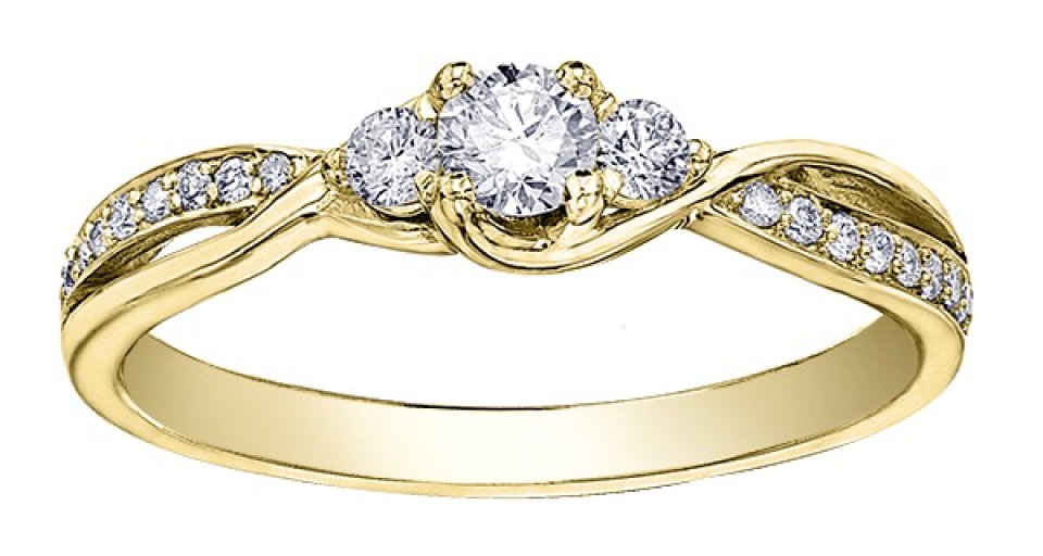 Bague pour femme en or 10k canadien, 19 diamants canadiens I1 H pour 0.33 carat (1 pour 0.16 + 2 pour 0.09 + 16 pour 0.08) - 30395YG/33-10 - Corona