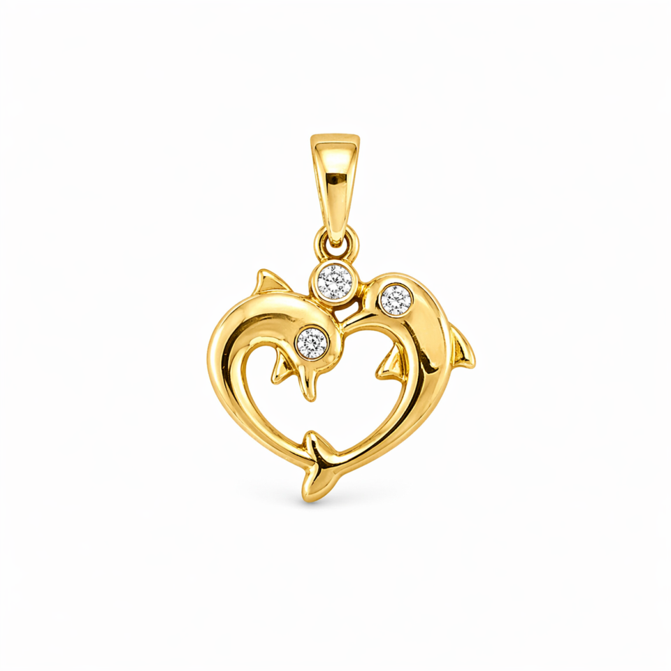 Pendentif pour femme en or 10k, cubic zirconium, dauphins, coeur - PD407 - Mabensa