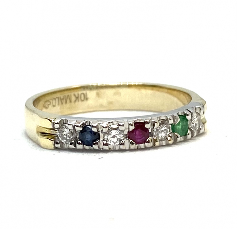 Bague pour femme en or 10K, 4 diamants pour 0.15 carat, 1 saphir 2mm, 1 rubis 2mm, 1 émeraude 2mm - C15-032 - MALO