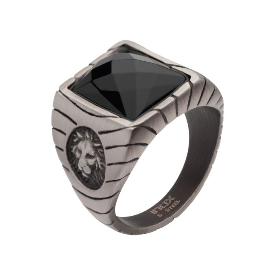 Bague pour homme en stainless, agate, lions - FR25662GM-11 - Inox