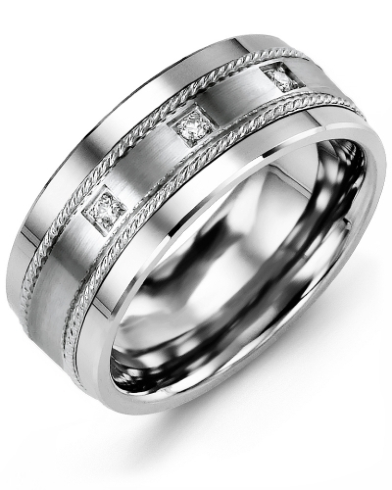 Bague pour homme en or 10k et tungstène, 3 diamants pour 0.06 carat - MDQ910TW-6R - Madani