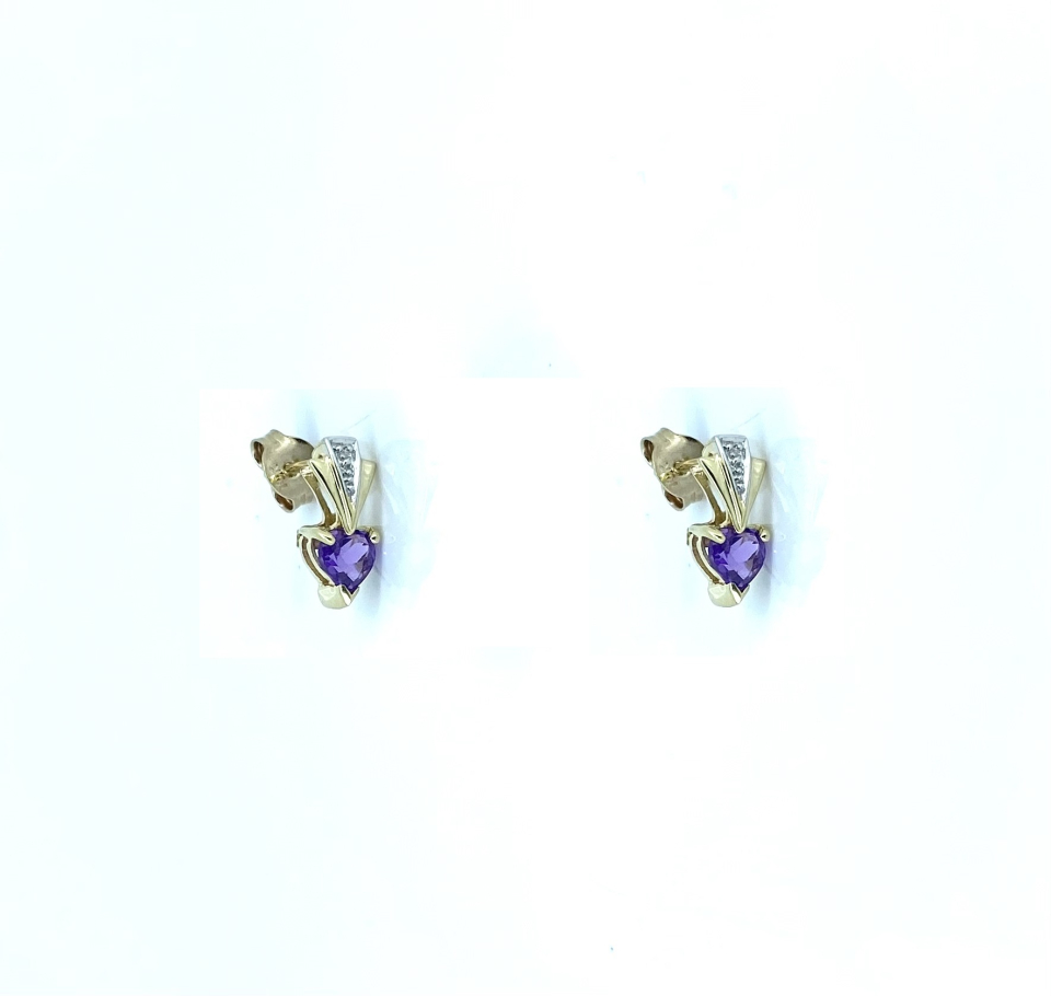 Boucles d'oreilles pour femme en or 10k, 2 diamants pour 0.01 carat, 2 améthystes 4mm - BO501 - REC