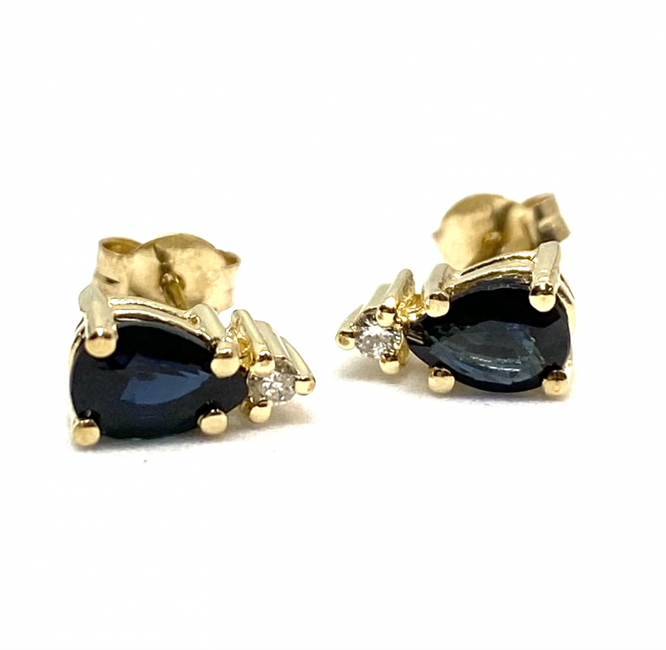 Boucles d'oreilles pour femme en or 10K, 2 diamants pour 0.04 carat, 2 saphirs 6x4mm coupe poire - BO083 - Divers