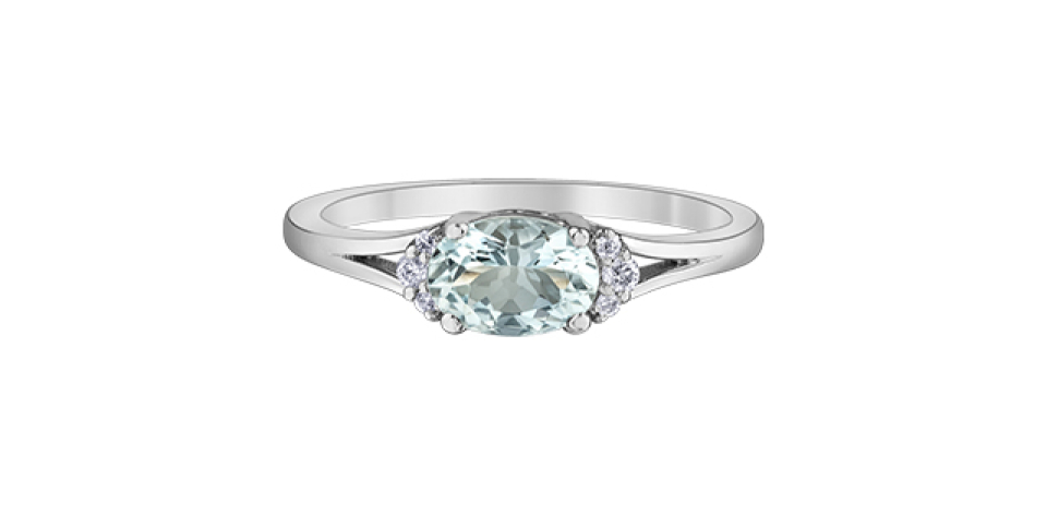 Bague pour femme en or 10k, 6 diamants pour 0.05 carat, 1 aigue-marine 7x5mm