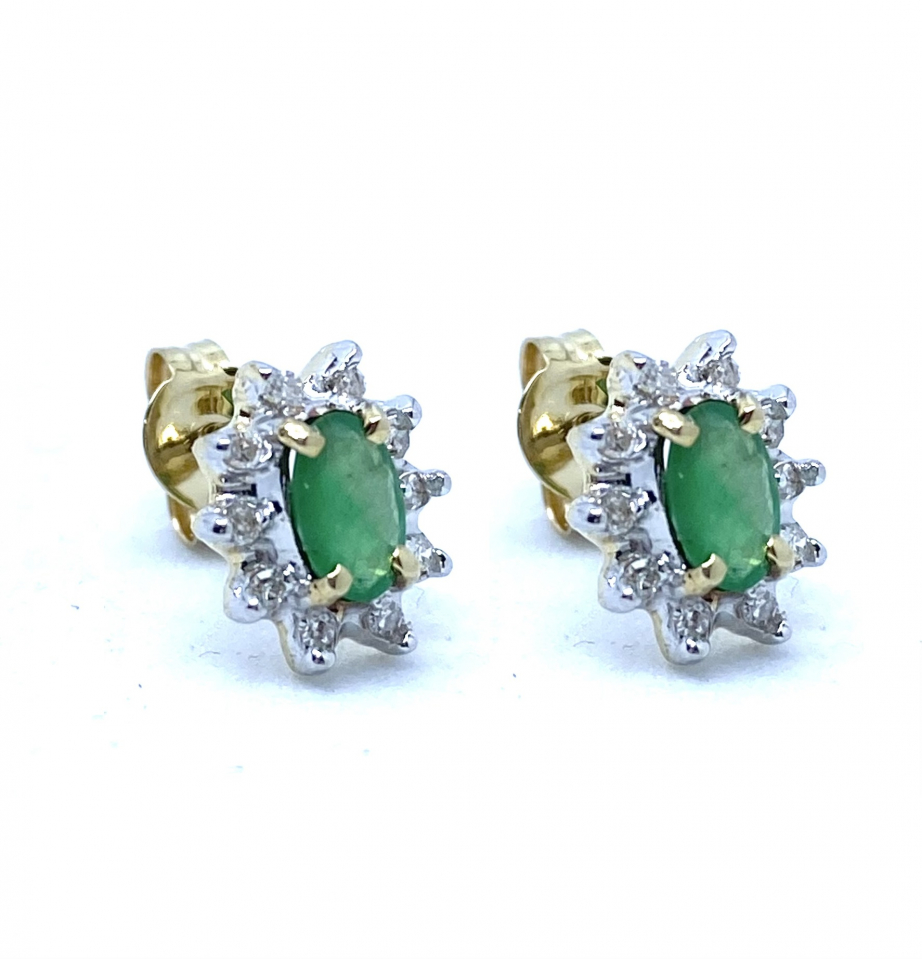 Boucles d'oreilles pour femme en or 10k, 2 émeraudes 5x3mm, 20 diamants SC pour 0.10 carat - BO267 - REC