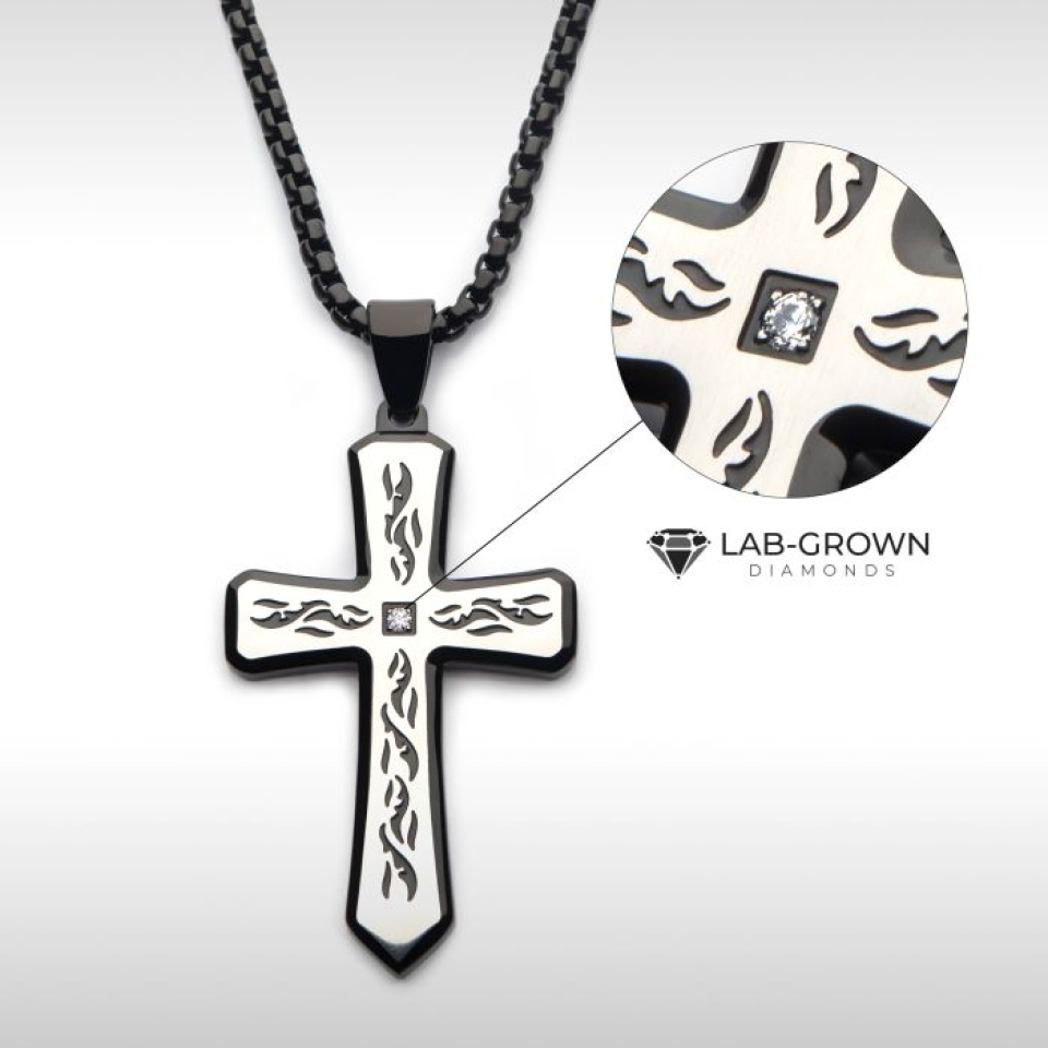 Pendentif pour homme en stainless, croix, 1 diamants laboratoire pour 0.03 carat - DMSSP479 - Inox