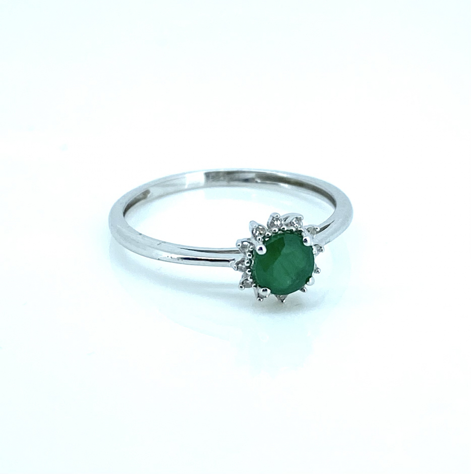 Bague pour femme en or 10k, 12 diamants pour 0.04 carat, 1 émeraude 4.5mm - KR05-114740 - C.B.E
