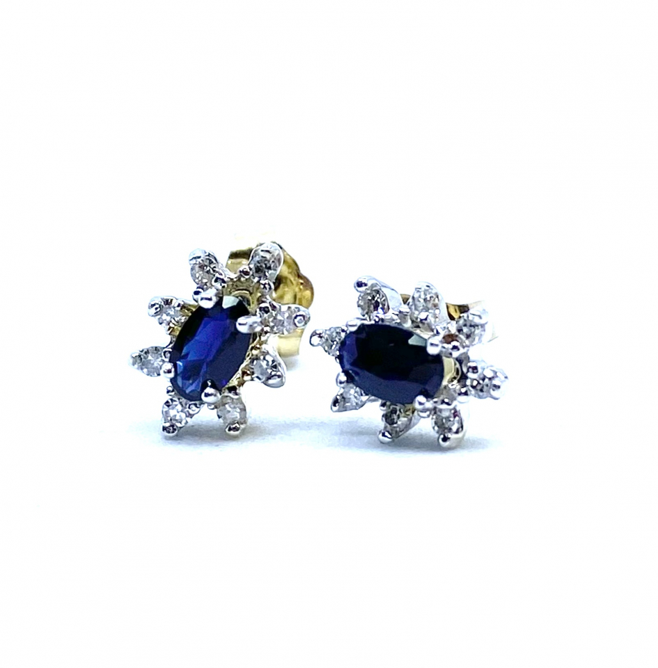 Boucles d'oreilles pour femme en or 10k, 16 diamants pour 0.10 carat, 2 saphirs 5x3mm coupe ovale - BO0104 - REC