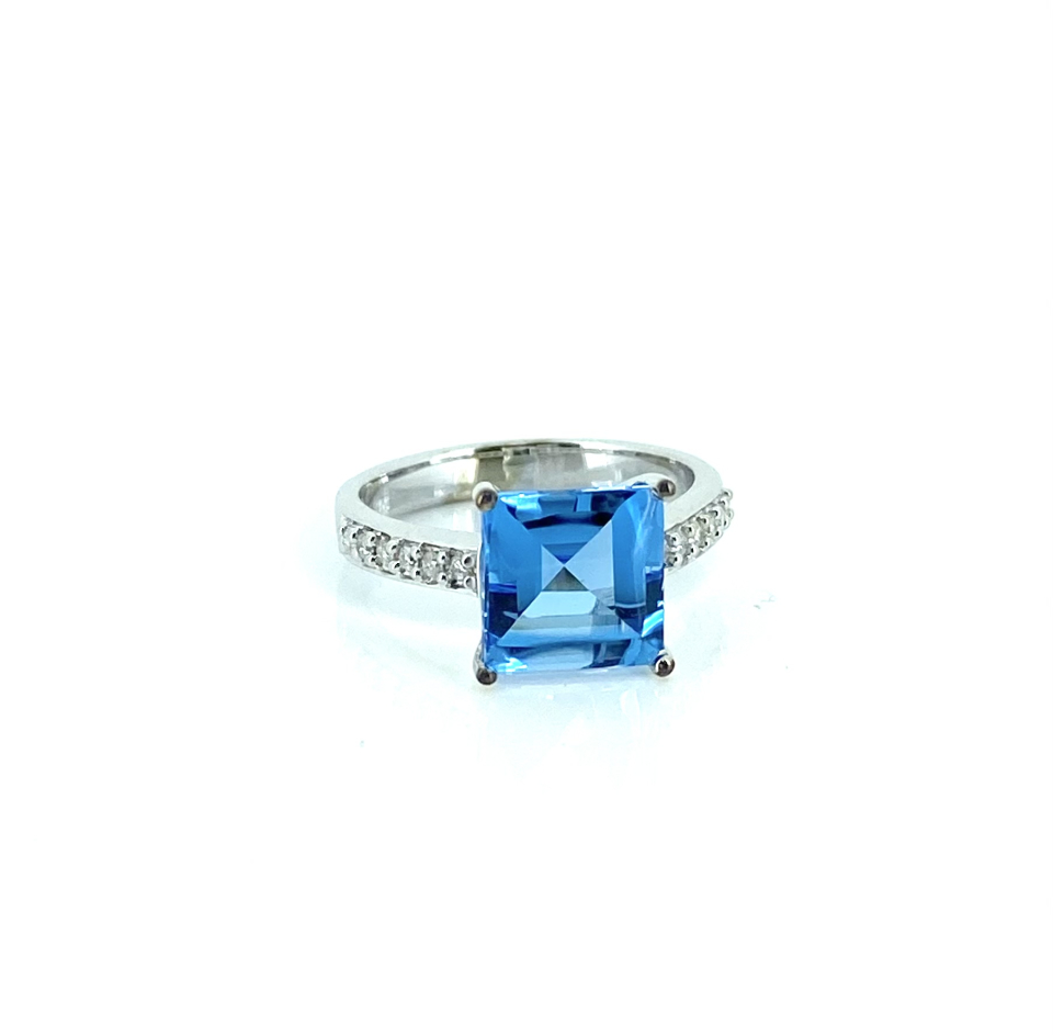 Bague pour femme en or 14k, 1 topaze 8mm carré, 12 diamants I pour 0.12 carat - BG0312 - REC