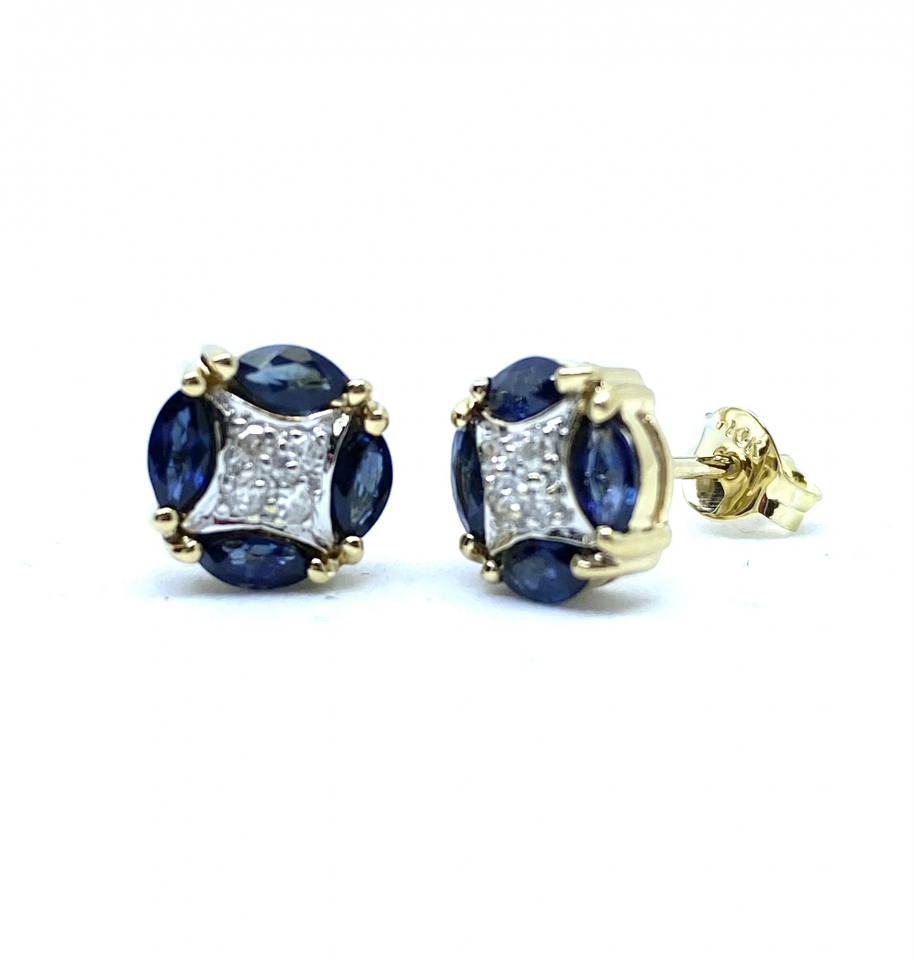 Boucles d'oreilles pour femme en or 10k, 8 diamants pour 0.12 carat, 8 saphirs 4x2mm coupe marquise - BO272 - REC