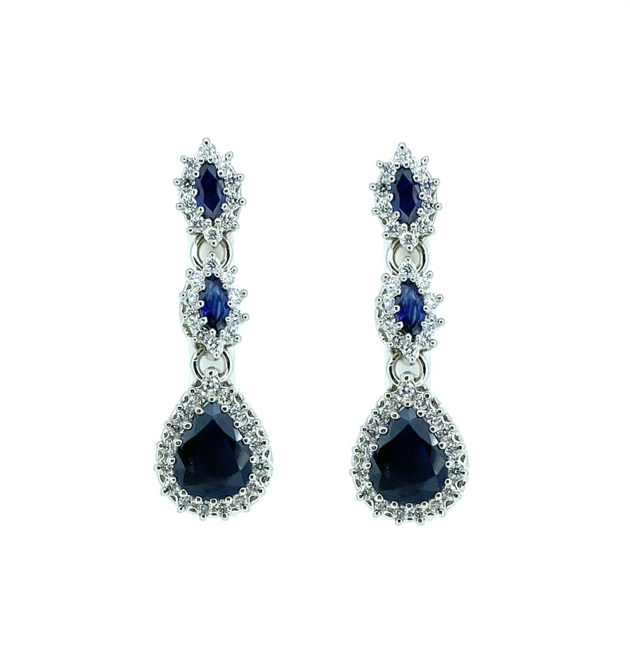 Boucles d'oreilles pour femme en or 14k, 76 diamants SI-1 F pour 1.249 carat, 6 saphirs pour 6.81 carat - FD-BO-SADI - Fortier Design