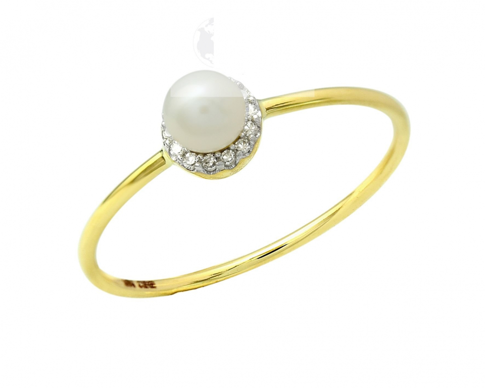 Bague pour femme en or 10k, 14 diamants pour 0.07 carat, perle 3.5mm - KR05-129114Y - C.B.E