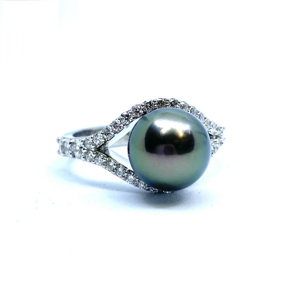 Bague pour femme en or 14k, 36 diamants SI GH pour 0.58 carat, 1 perle de tahiti 9.5-10mm - R3598BPN - RMR