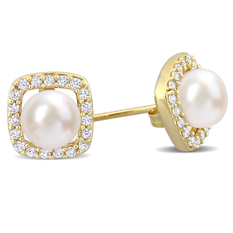 Boucles d'oreilles pour femme en or 10k, 0.38 carat de saphirs blancs, perles d'eau douce 6-6.5mm - FC2BP8-9FTL - Delmar
