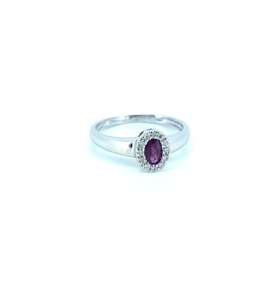 Bague pour femme en en or 14k, 12 diamants pour 0.06 carat, 1 rubiis 5x3mm - BG0506 - Divers