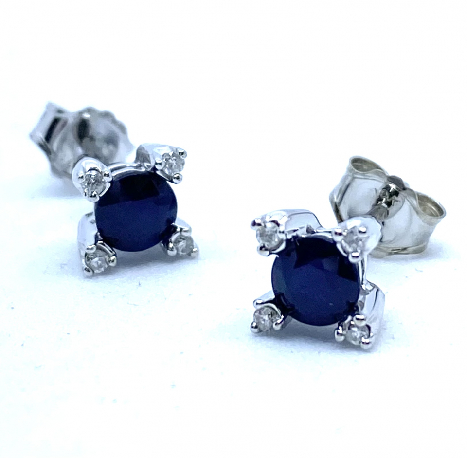 Boucles d'oreilles pour femme en or 10K, 8 diamants pour 0.08 carat, 2 saphirs 4.25mm - BO216 - Divers