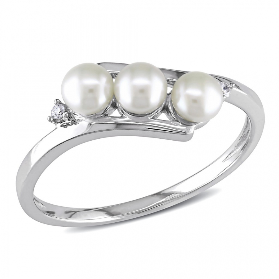 Bague or 10K, 2 diamants pour 1.5 points total + 3 perles de culture 3.5MM-4MM - RDWKT237409 - 