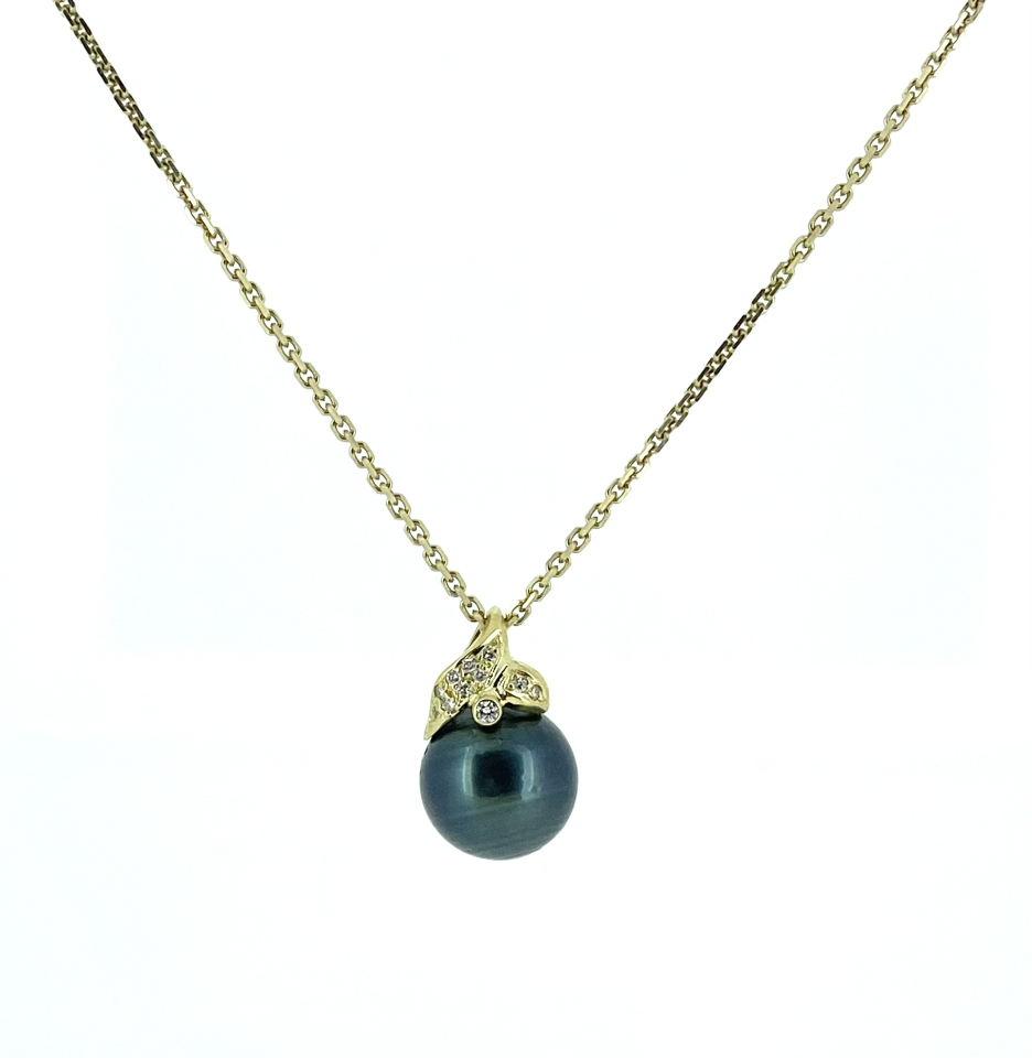 Pendentif pour femme en or 18k, perle de tahiti 12-12.5mm, 11 diamants pour 0.10 carat - PEND311 - REC