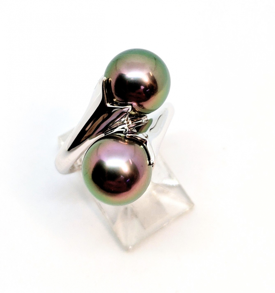 Bague or 14K, 2 perles de Tahiti 9.5-10mm - PE23 - Fortier Design