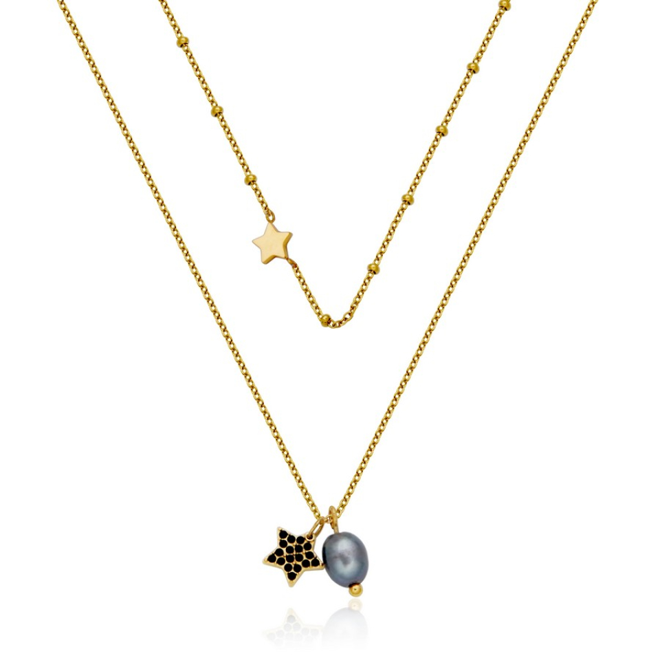 Collier double pour femme en stainless, étoile, perle, cubic zirconium - T0XG690218 - Steelx
