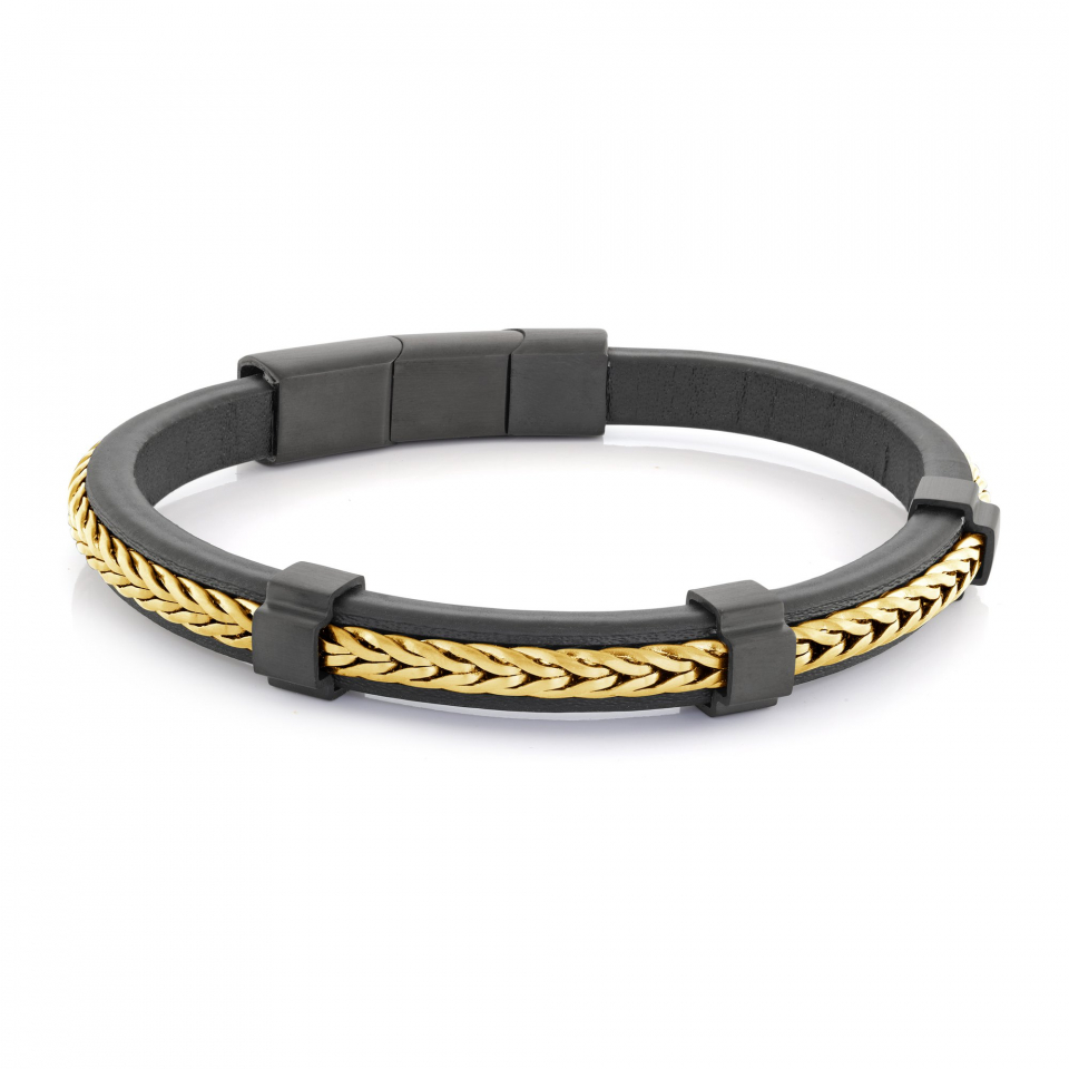 Bracelet de cuir et stainless, cuir recouvert de mailles - SLB537 - Italgem