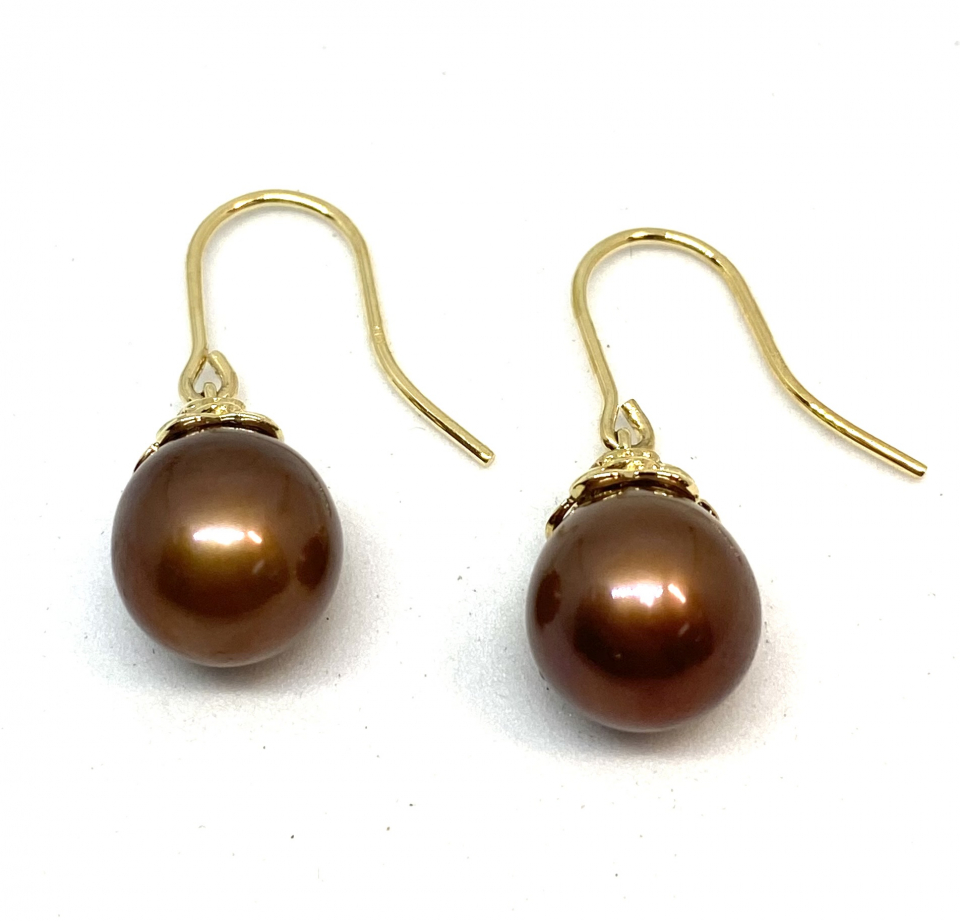 Boucles d'oreilels pour femme en or 14K, perles d'eau douce 10-10.5mm - ERKP2291BR - Divers