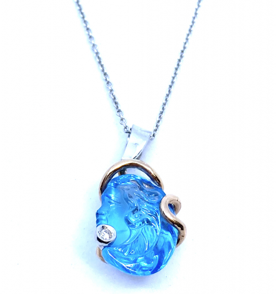 Pendentif pour femme en or 14k, 1 diamant pour 0.01 carat, 1 topaz camary bleu - 201214 - Divers