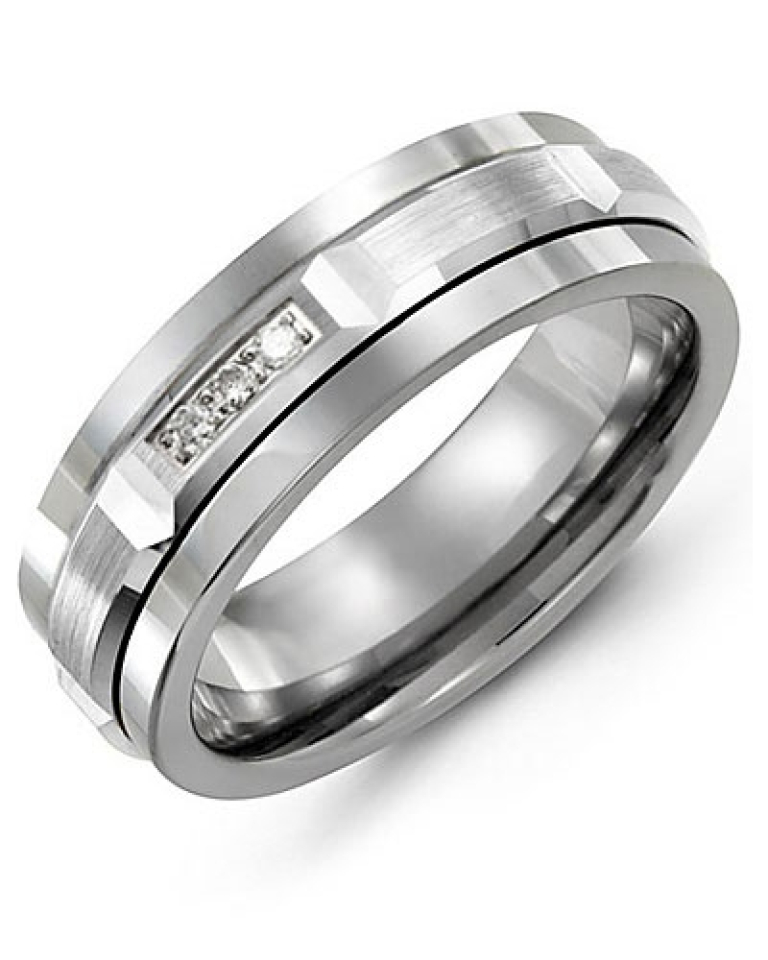 Bague pour homme en or 10k et tungstène, 3 diamanbts pour 0.06 carat - MDM710TW-6R - Madani