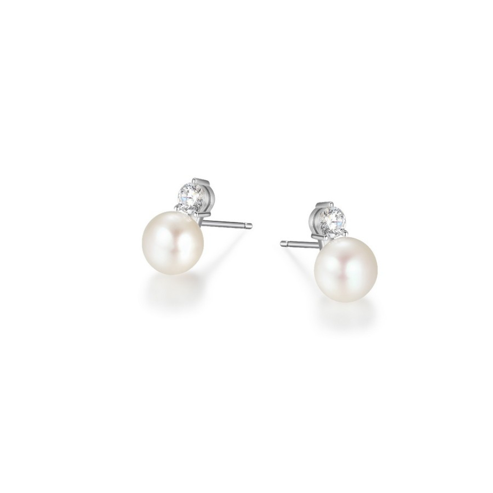 Boucles d'oreilles pour femme en argent 925, perles, 2 diamants laboratoires - R2LCSA4558 - ELLE