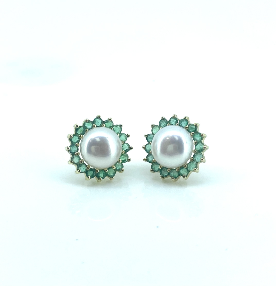 Boucles d'oreilles pour femme en or 14k, 32 émeraudes pour 0.80 carat, 2 perles d'eau douce 7-8mm - BO342 - REC