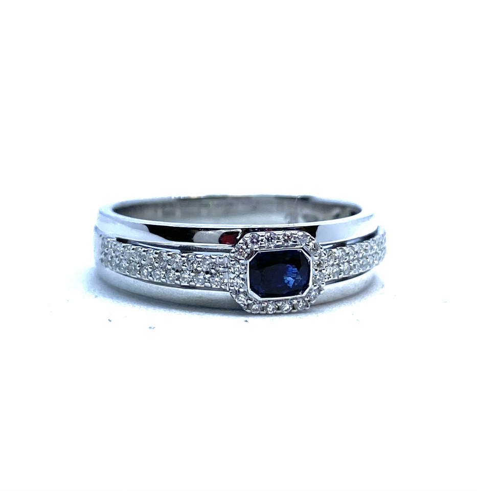 Bague pour femme en or 14k, 56 diamants pour 0.16 carat VS-2 / SI-1, saphir - B10042SA - Benjamin Jacques
