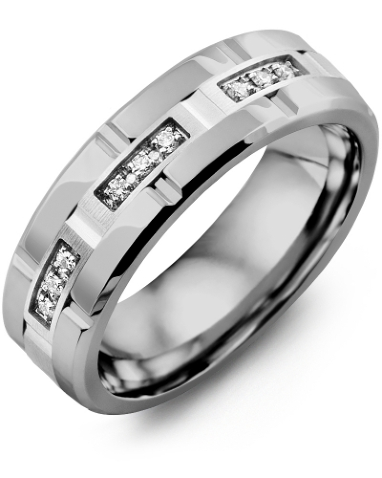 Bague pour homme en or 10k et tungstène, 9 diamants pour 0.09 carat - MIC710DW-9R - Madani