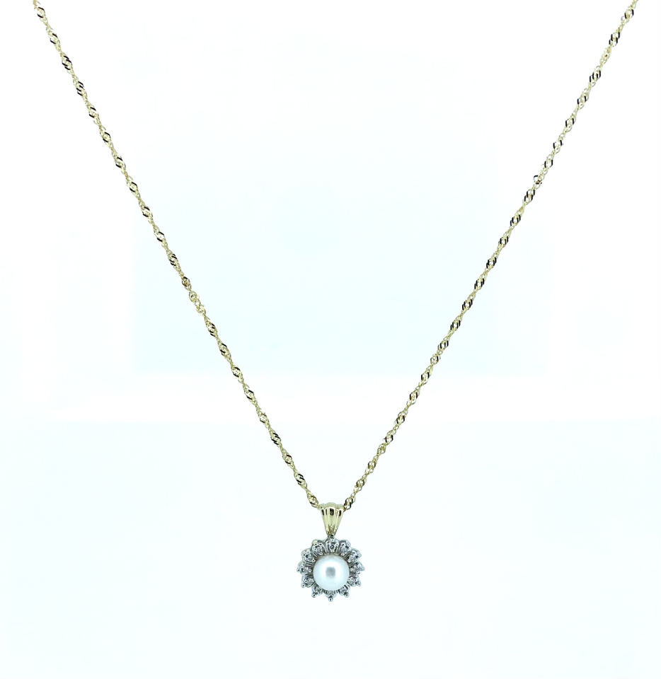 Pendentif pour femme en or 10k, perle, 12 diamants de taille rond brillant pour 0.06 carat - PD0502 - REC