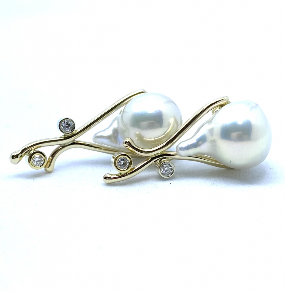 Boucles d'oreilles pour femme en or 14k, 4 diamants pour 0.14 carat, perles d'eau douce - BO261 - Stuller