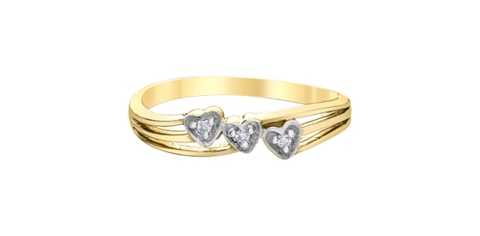 Bague pour femme en or 10k, 3 diamants pour 0.024 carat, coeurs