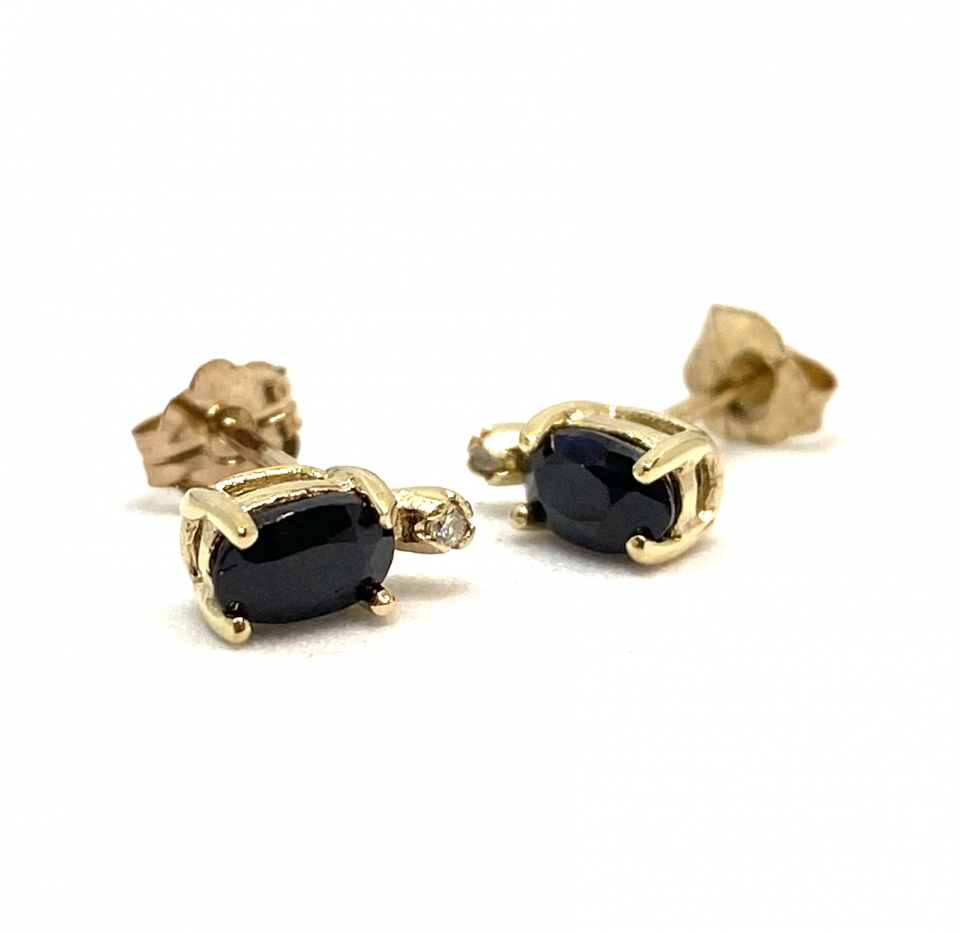 Boucles d'oreilles pour femme en or 10K, 2 diamants pour 0.01 carat, 2 saphirs 5x3 coupe ovale - BO025 - Divers