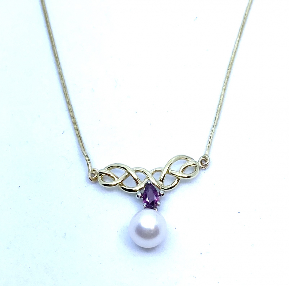 Pendentif pour femme en or 10K, rubis 5.5x3.5mm coupe poire, perle 7-7.5mm - PEND100 - Divers
