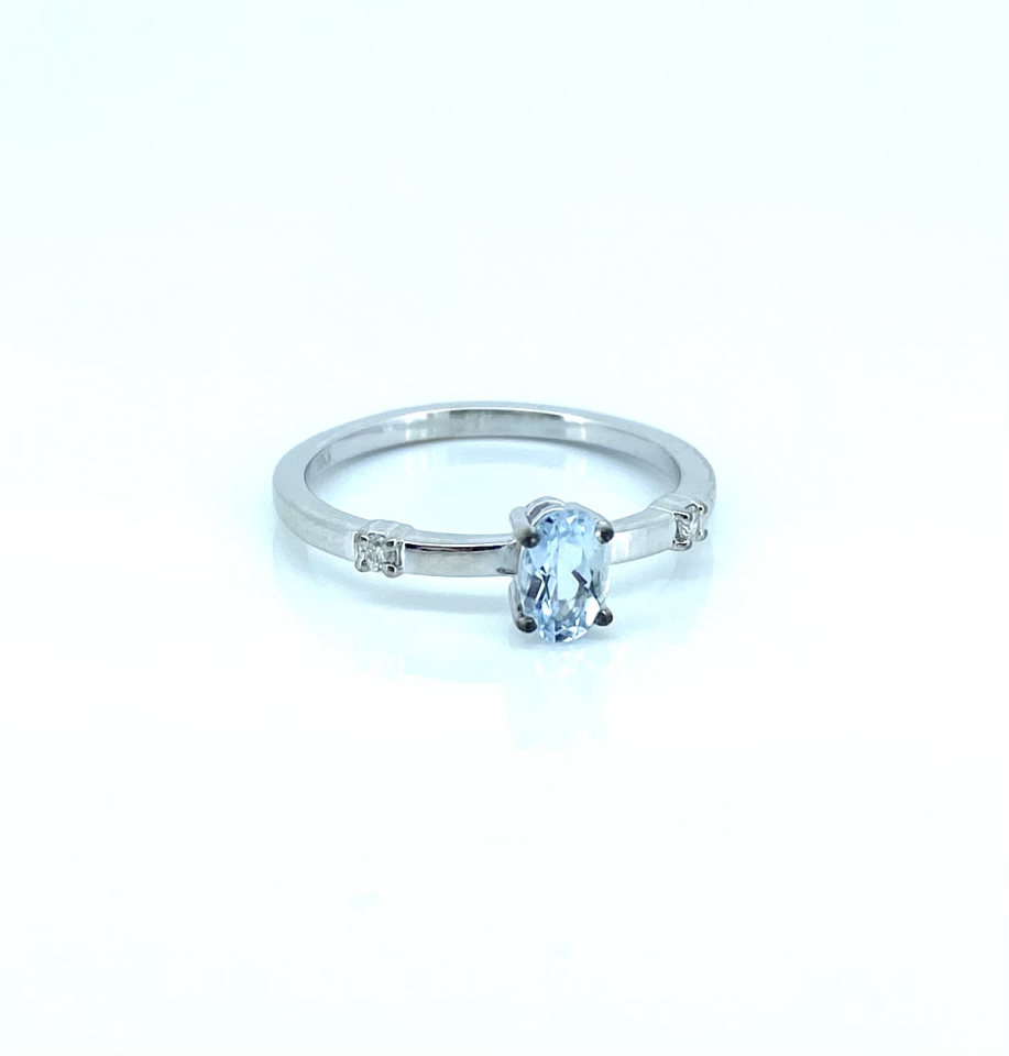 Bague pour femme en or 10k, 1 aigue-marine 6x4mm, 2 diamants pour 0.03 carat - STU01 - Stuller