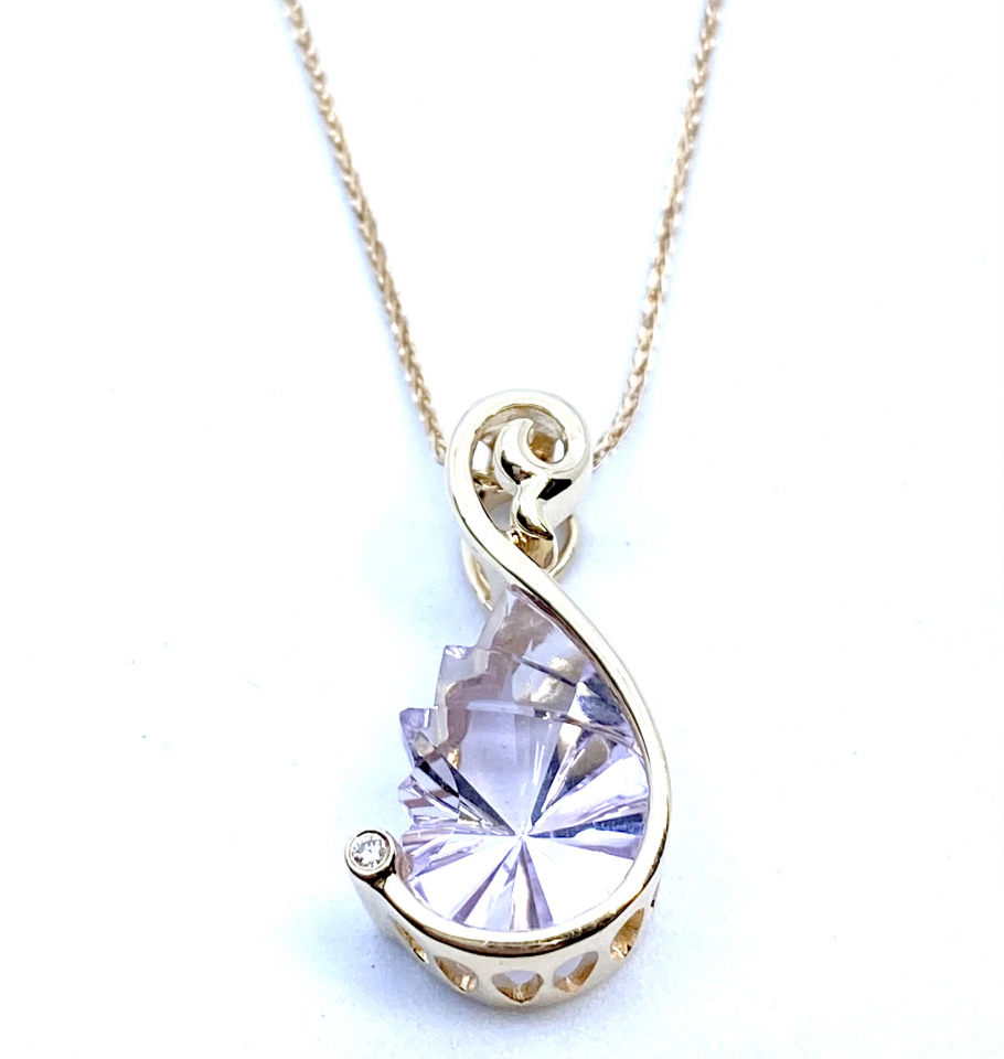 Pendentif pour femme en or 14K, améthyste rose 14x10mm pour 4.1 carat, 1 diamant pour 0.01 carat - PEND906 - Divers